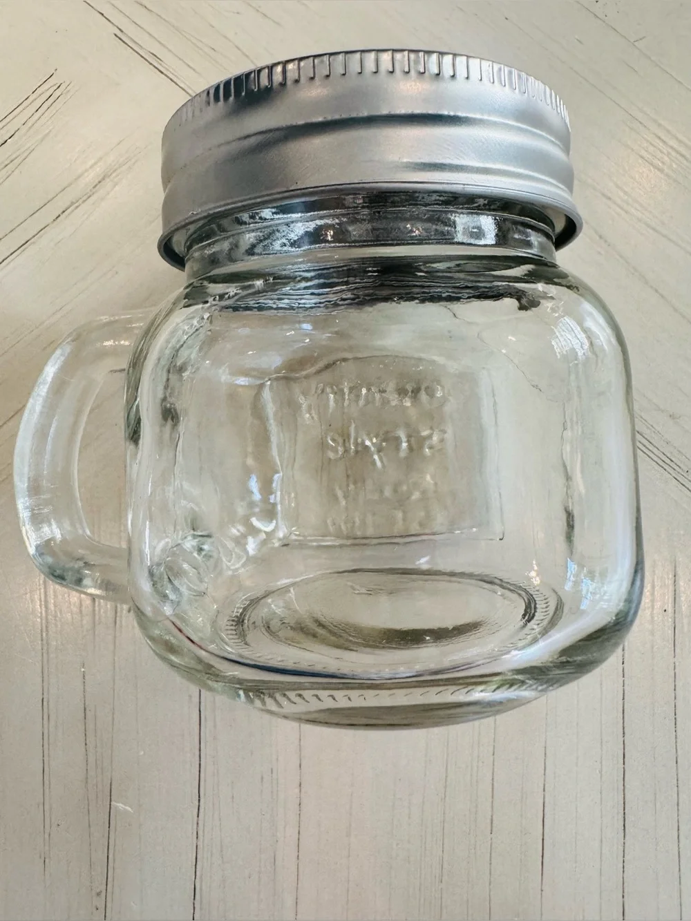 Country Style Mini Glass Mason Jar Mug w/ Handle & Silver Lid - 3.5” - Like New